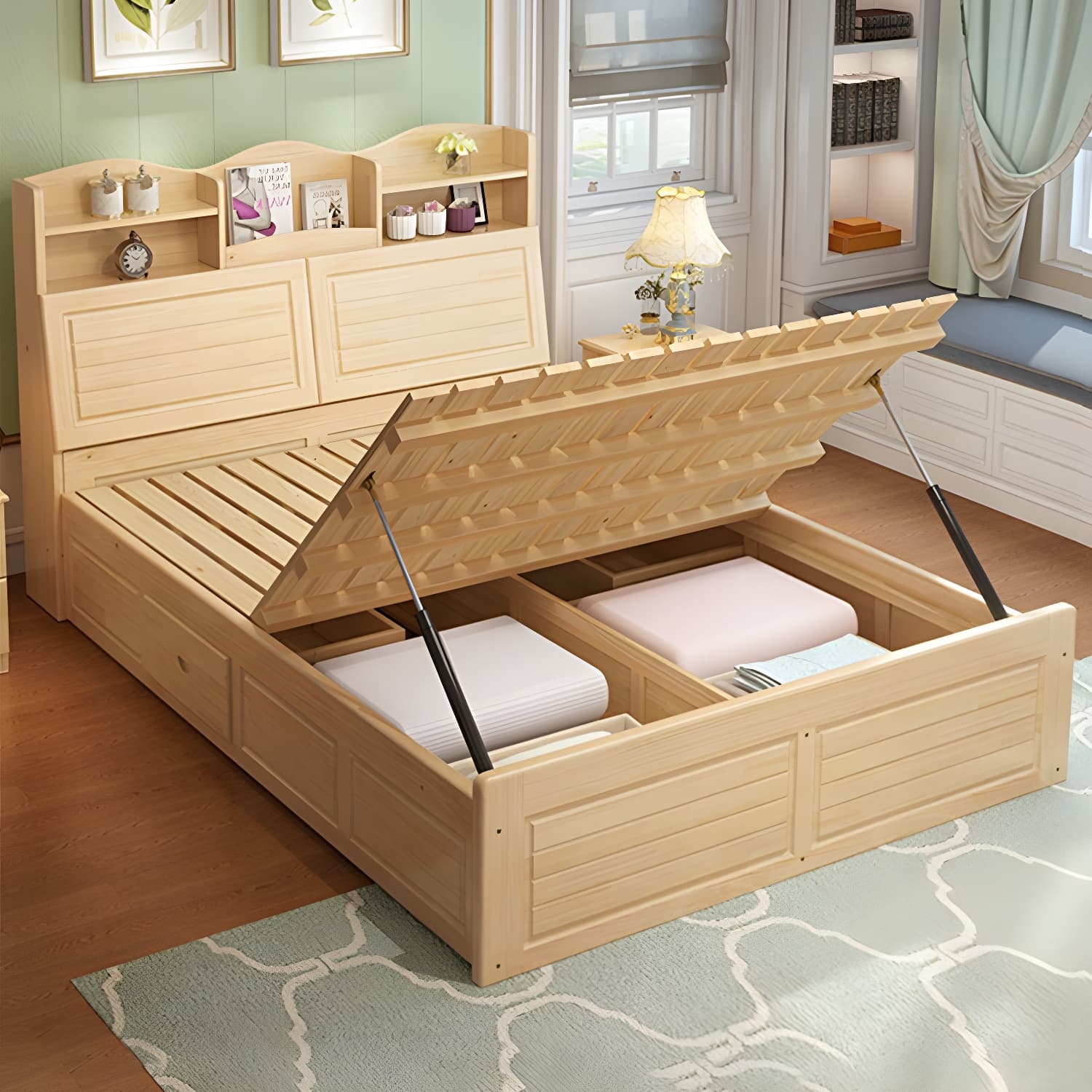 Solid Wood Bed Frame Headboard Standard Bed with Storage in Light Brone - image 3