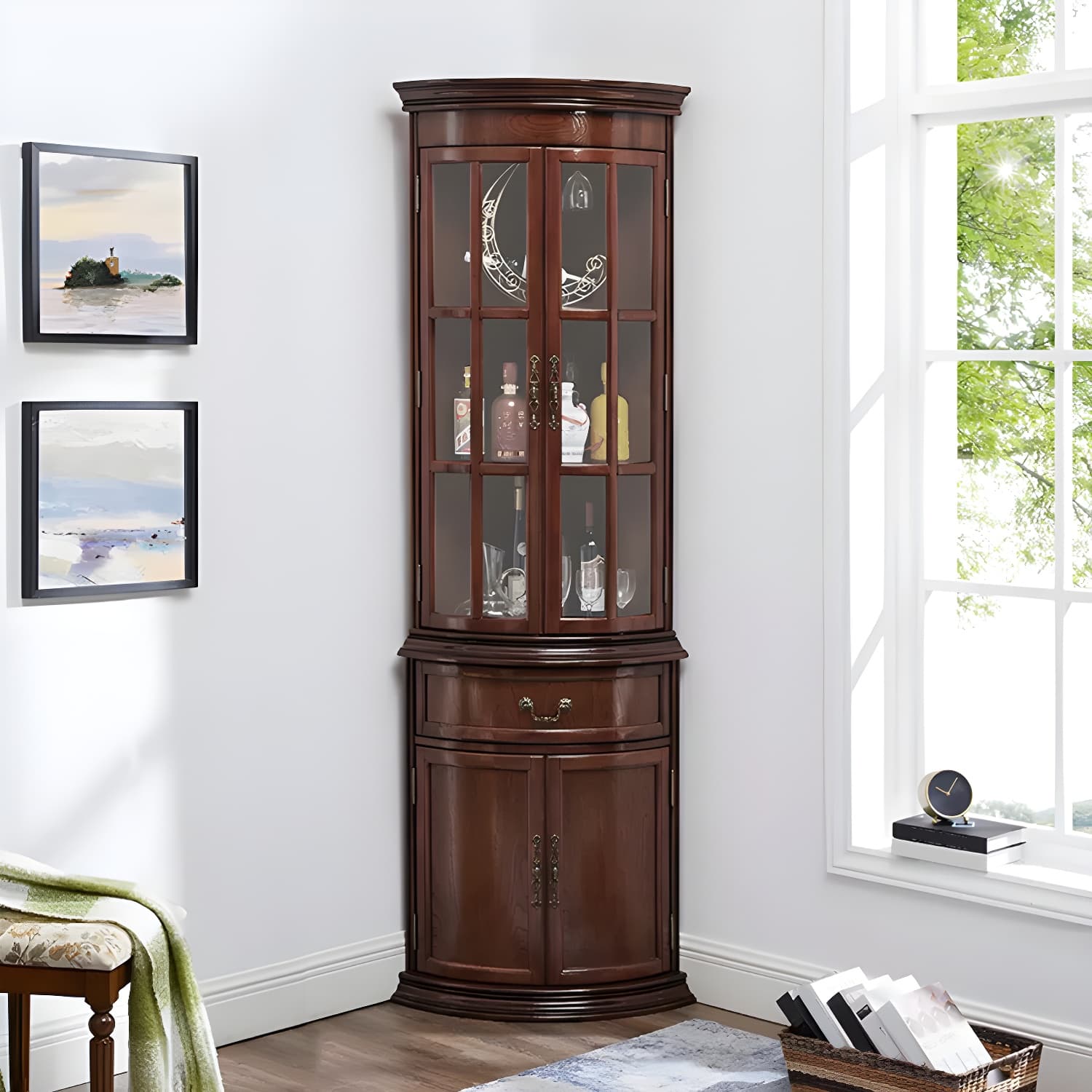 Corner Mid-Century Modern Accent Cabinet with Wood Countertop and Glass Doors - image 10