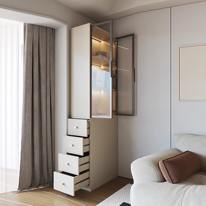 Detached Scratch-immune Accent Cabinet with Glazed Door, Grip Bars, Off White Top, Soft Close Drawer, and Stain Resistant Finish