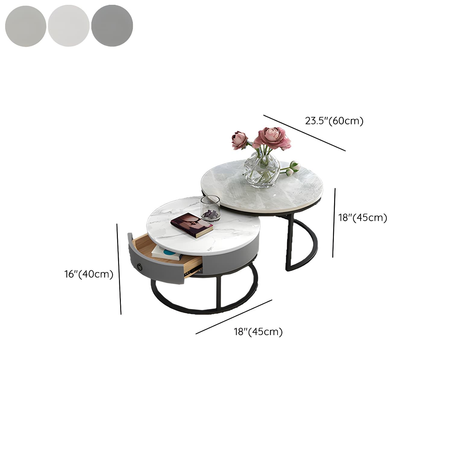 Slate Round Frame Coffee Table Modern Nesting Coffee Table Set with Drawer - image 19
