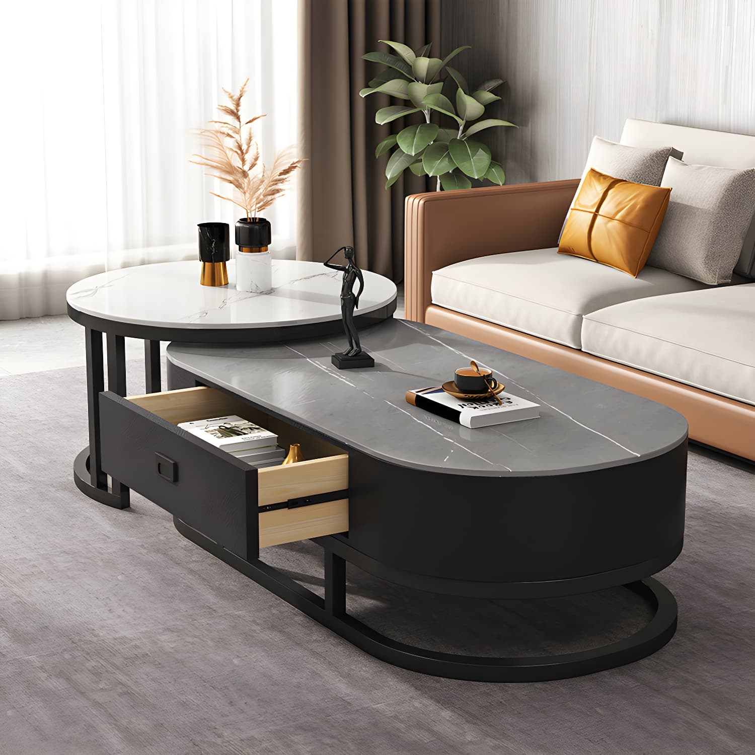 Slate Coffee Table Oval Nesting Coffee Table Set with Metal Legs - image 11