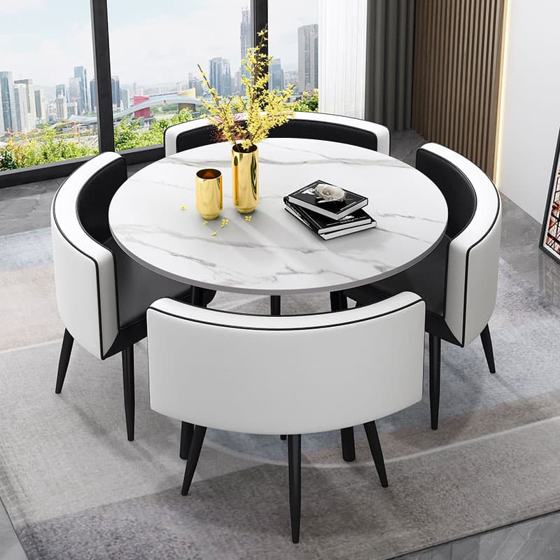 Stone Cushion Chair Dining Table Set with Back for 4 in Chalk