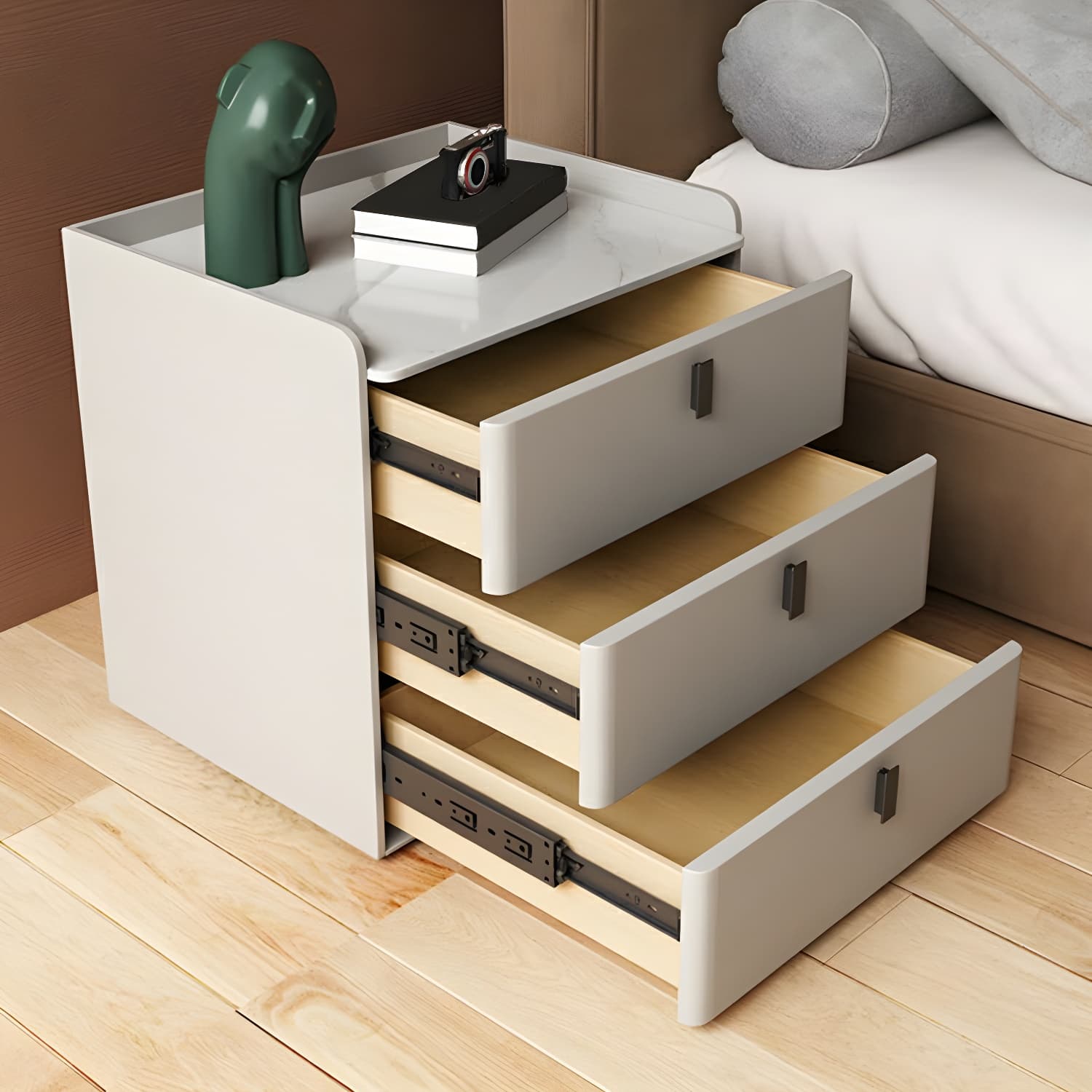 Modern Wood Nightstand with 3 Drawers and Stone Countertop in Small Size - image 17