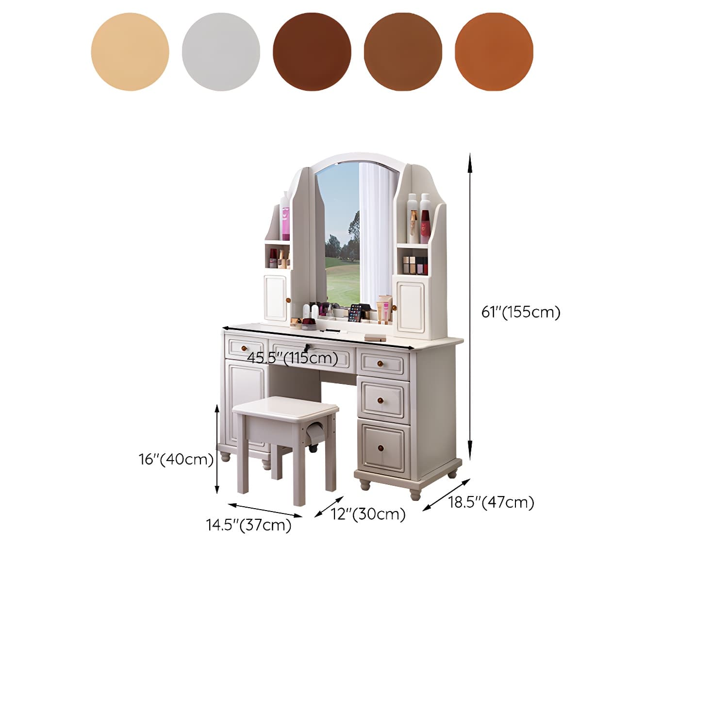 Traditional Solid Wood Makeup Dressing Table 60.23" H Vanity Set with Stool and Mirror - image 20