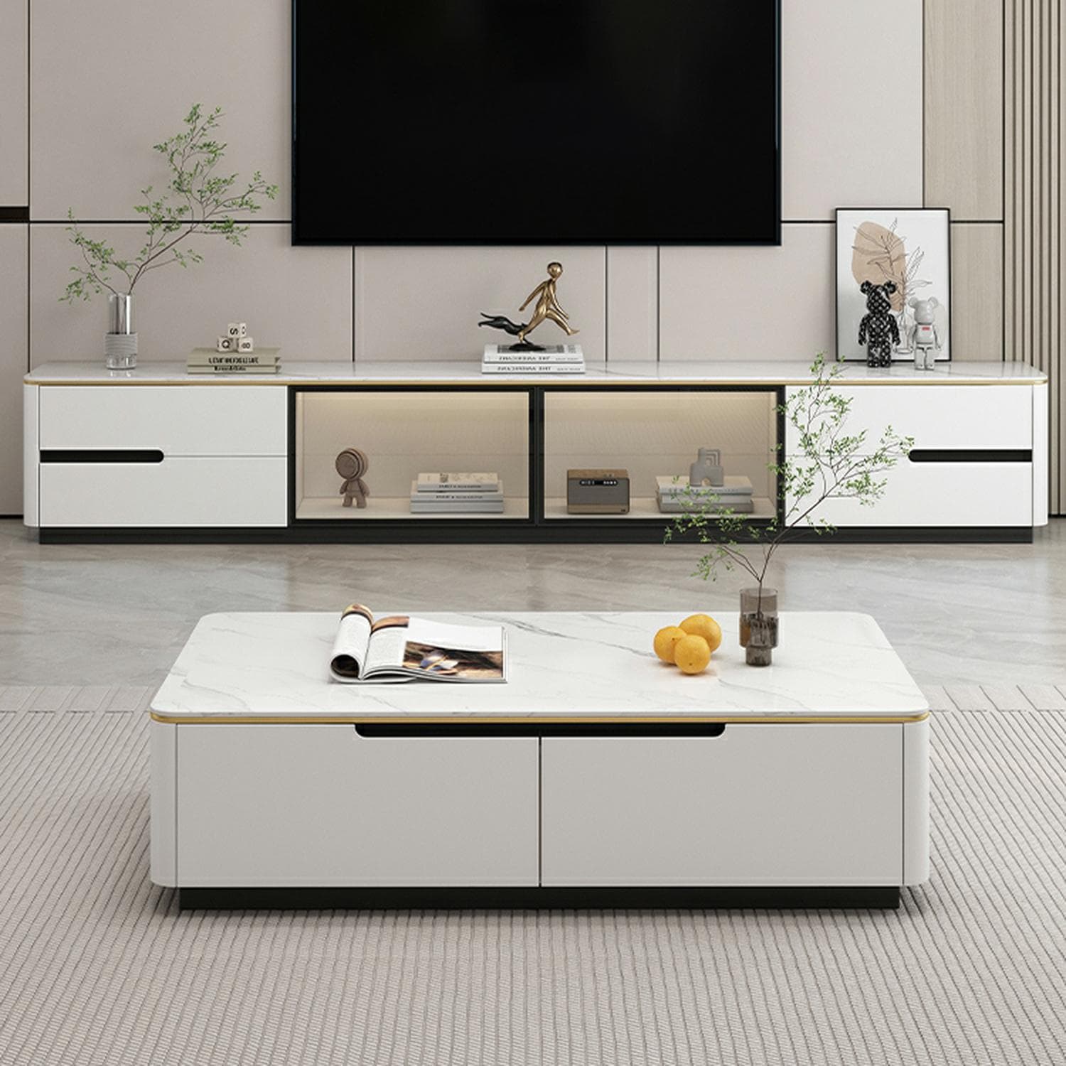 Modern Stone TV Stand with Drawers and Cabinet Low Profile Cable Management Fully Assembly Required - image 4