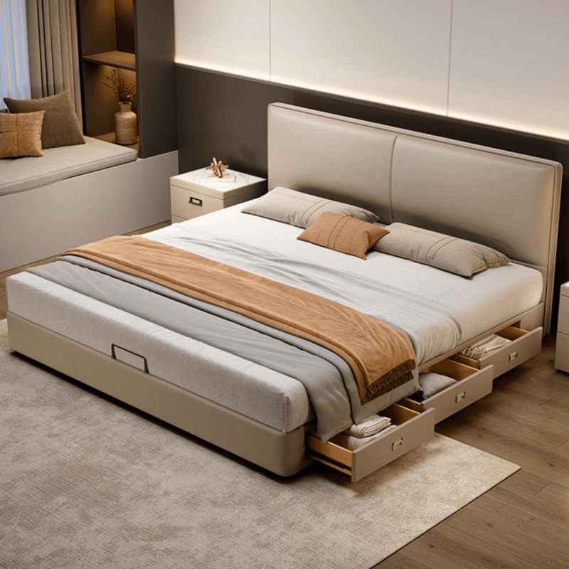 Light Gray Storage Included Panel Bed with 3 Storage Boxes, Natural Wood Frame, and Sponge Upholstery