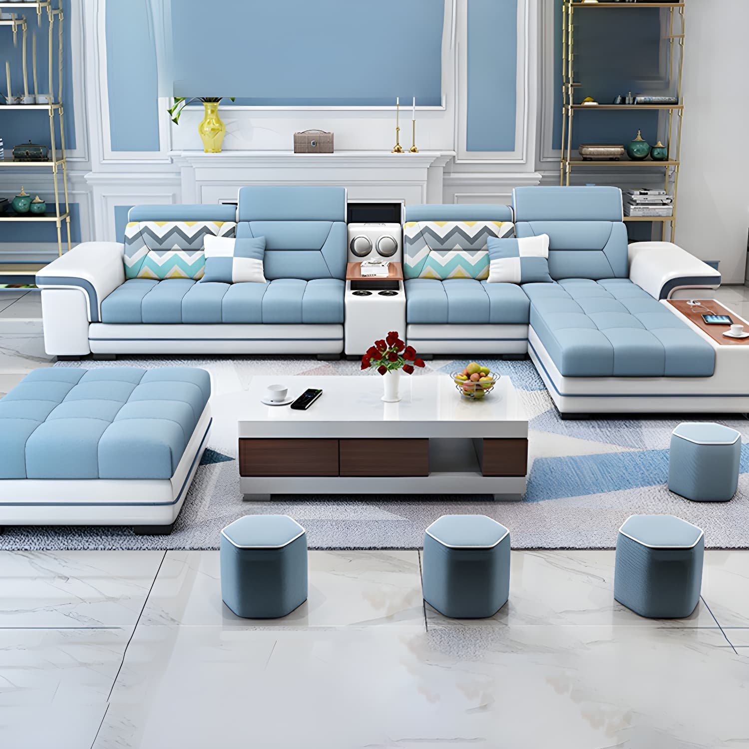 Scandinavian Blue Sectional Sofa with Wood Frame, Cushion Back, and Storage Included with Shelves - image 4