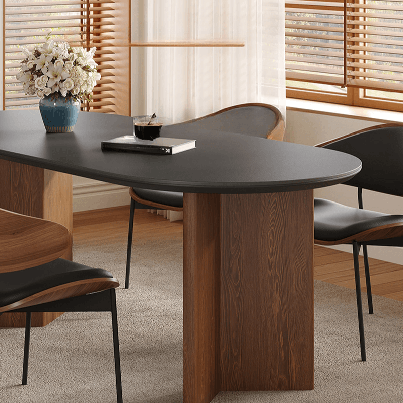 Dining Table Set with Oval Slate Stone Top and Two-sided Pedestal, Featuring Padded Chair with Back in Midnight Black - image 6