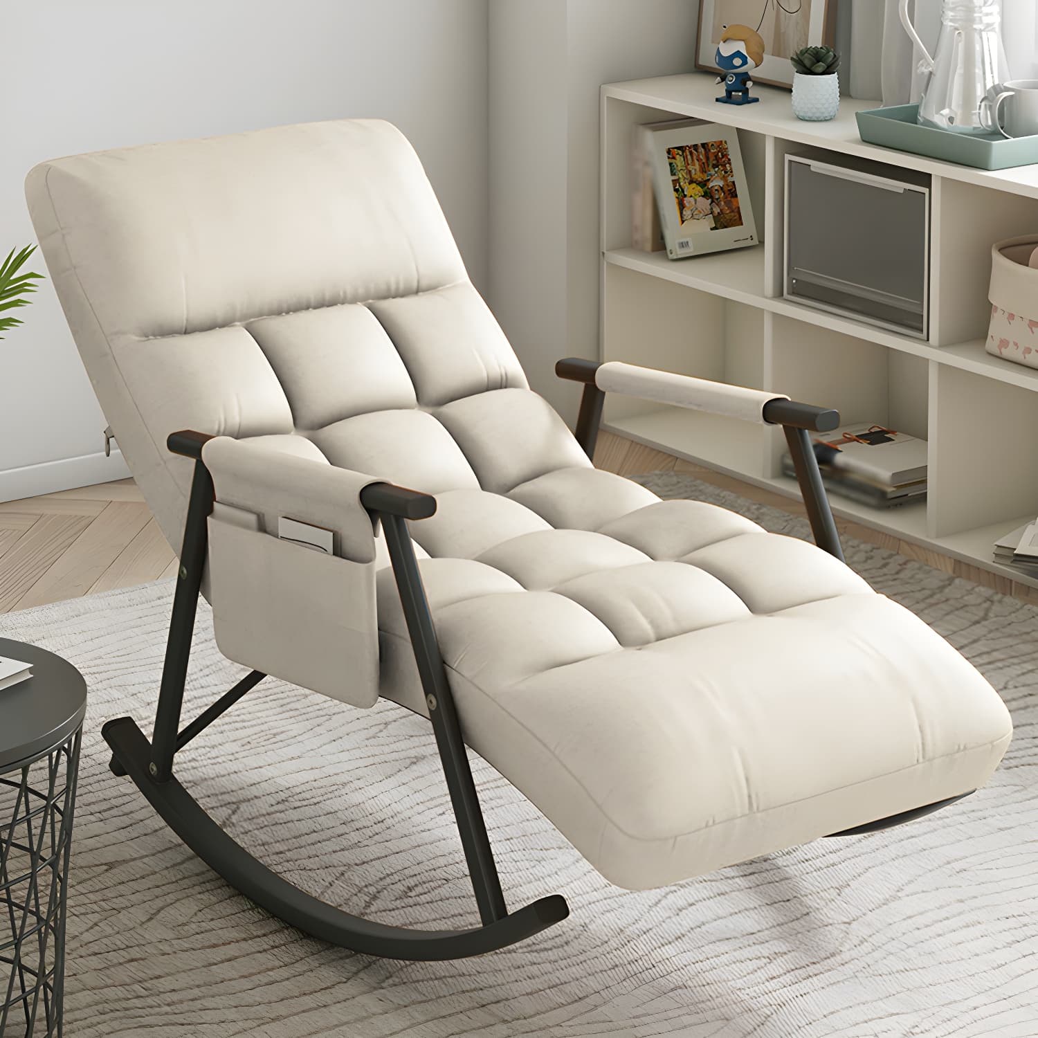 Faux Leather Upholstered Rocking Chair with Storage Rocker in Living Room