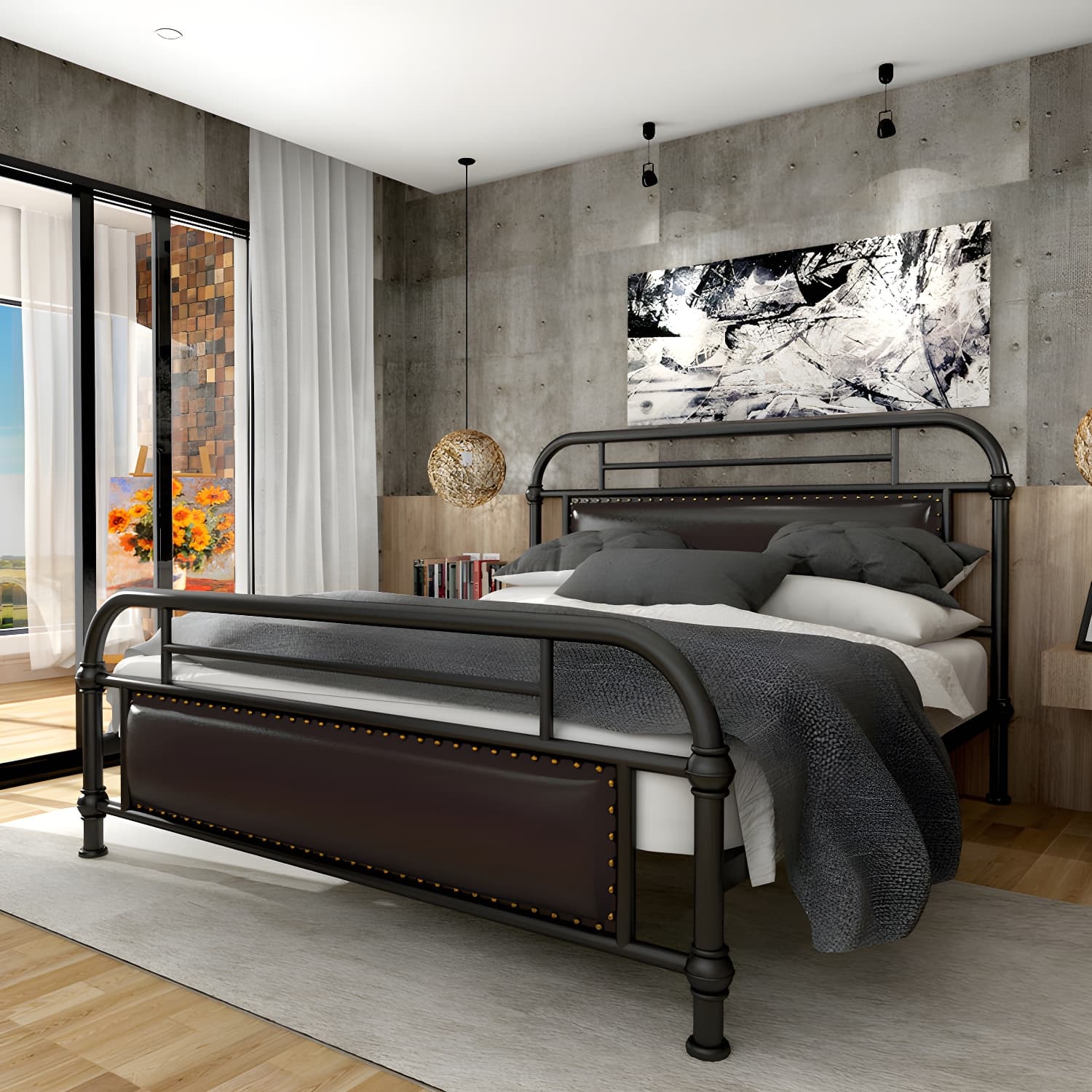 Industrial Nailhead Upholstered Bed Frame Metal 43.3" Tall Bed - image 5
