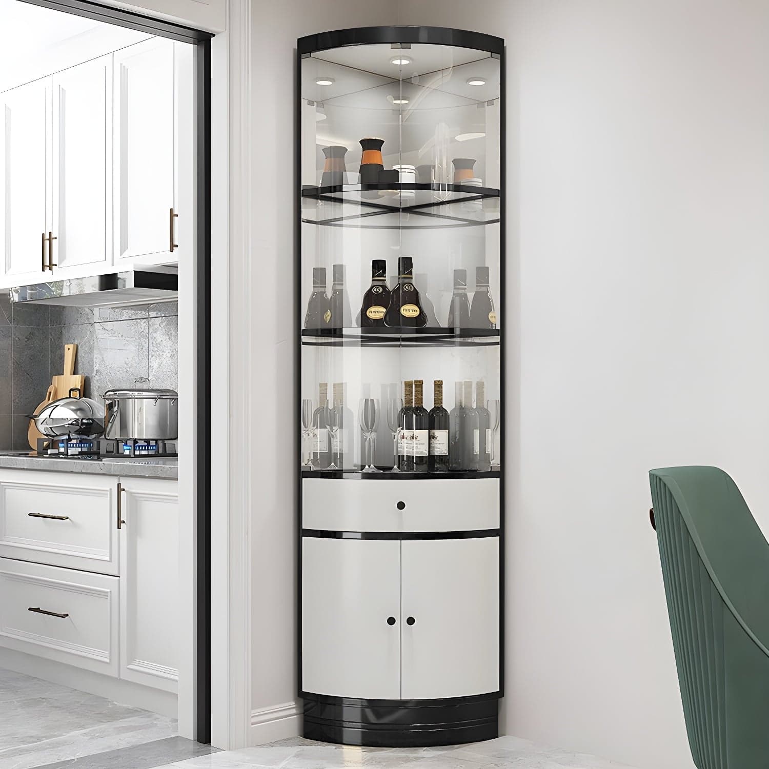 Corner Modern Accent Cabinet with Wood Counter Top, Glass Doors, and Metal Base - image 3