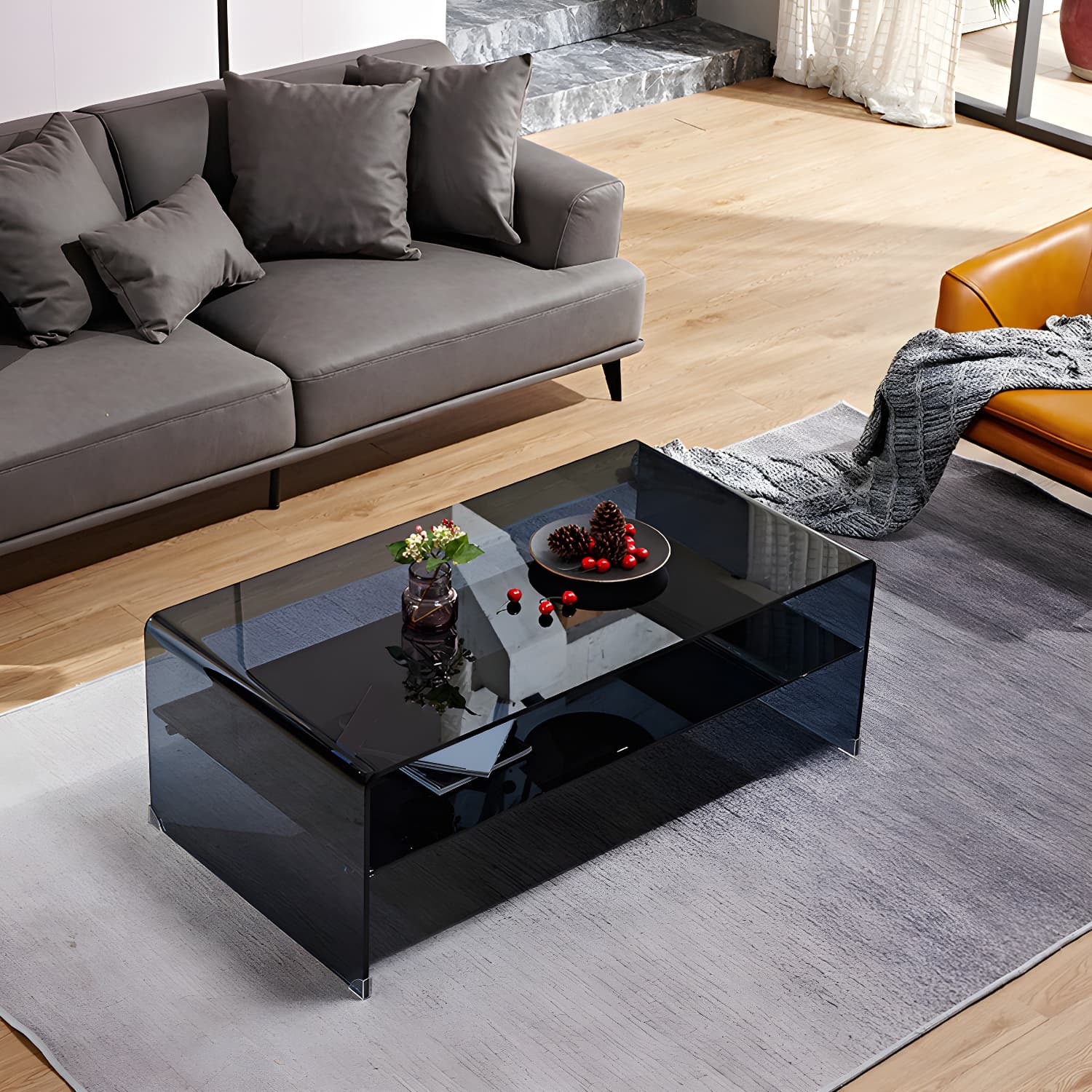 Sled Single Coffee Table Glass Modern Black/White Rectangular Cocktail Table