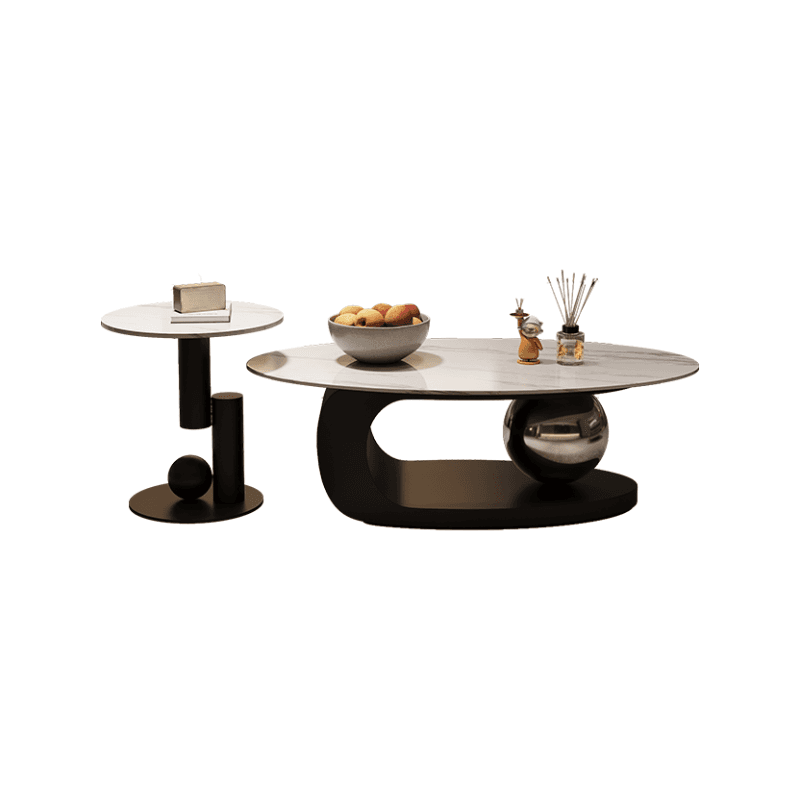 Luxurious 1 Tier Stone Top Elliptical Side Table with Abstract Base in Chalk for Home - image 8