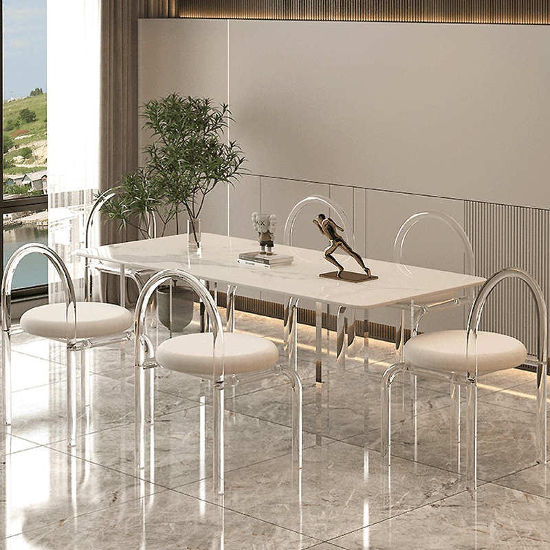 Dining Table Set with Rectangular White Slate Stone Top, Two-sided Pedestal Base, and Padded Chair with Back - image 4
