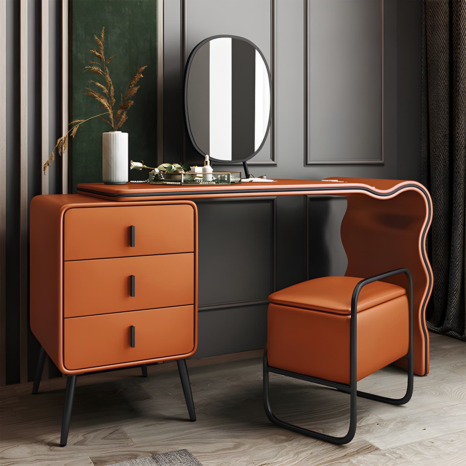 3 Drawers Make-up Vanity Set, 28.74" H Leather Vanity with Stool & Mirror - image 22