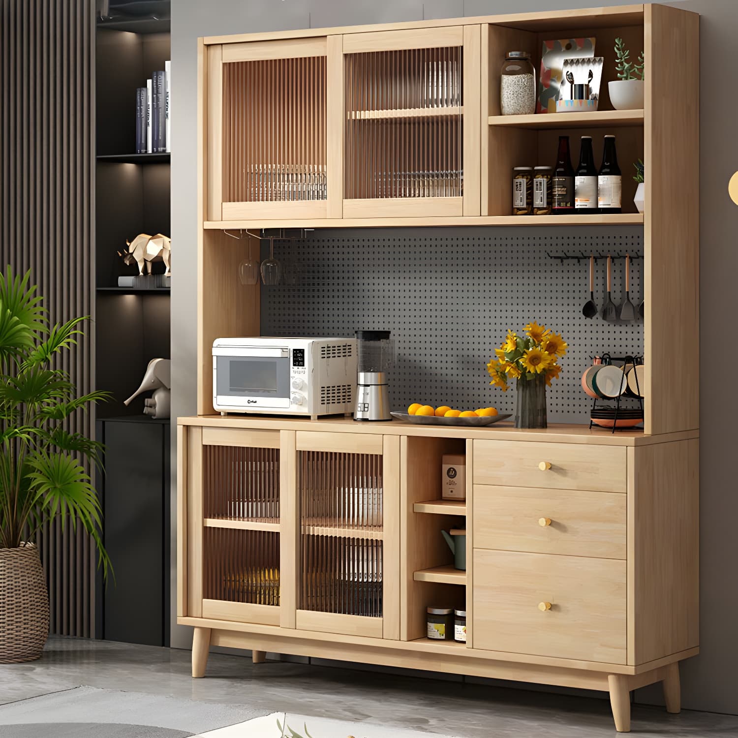 Modern Style Solid Wood Storage Sideboard Cabinet with Glass Doors and Drawers - image 5