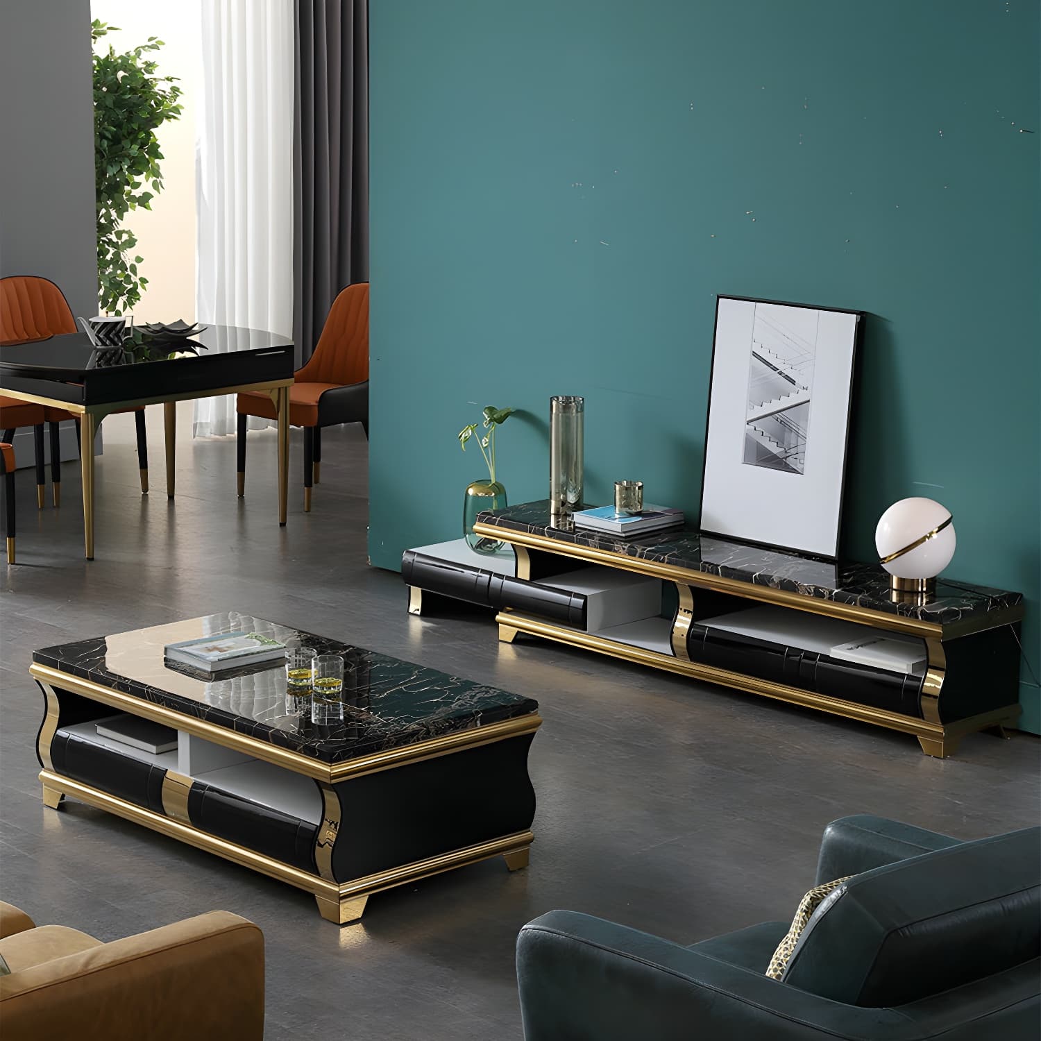 Marble Coffee or End Table with Storage Drawers Rectangle Block