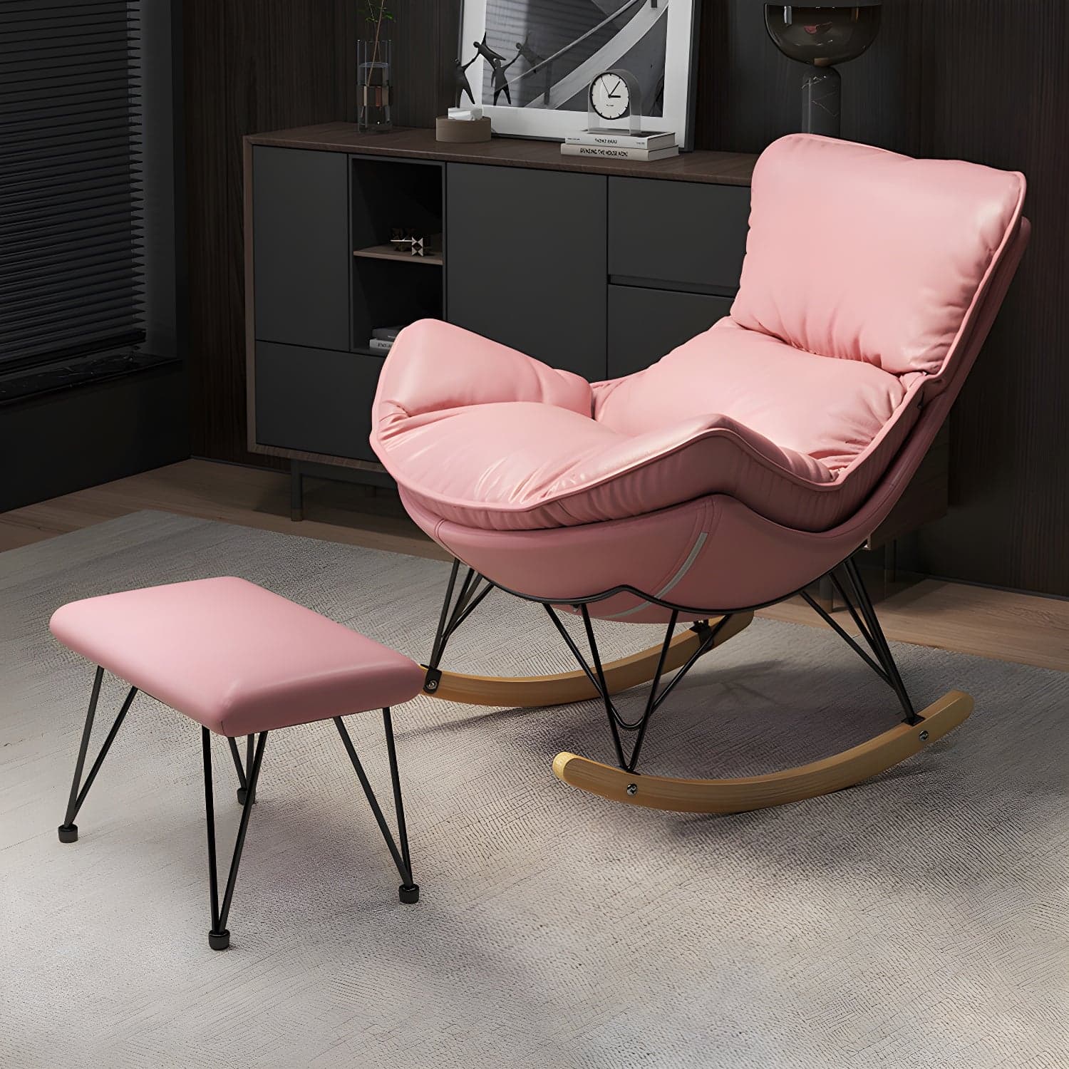 Wing Back Rocking Chair Solid Wood Rocker Chair with Ottoman - image 6