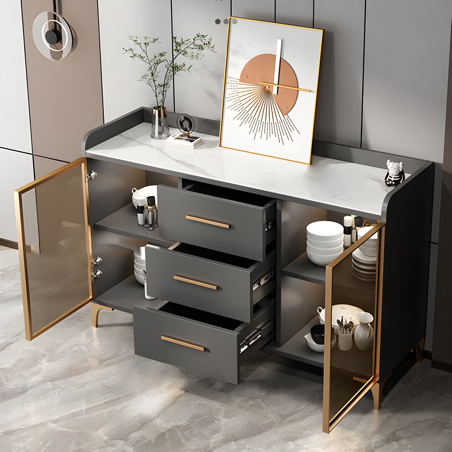 Glamorous Wood Buffet Sideboard with Glass Doors and Open Storage - image 7