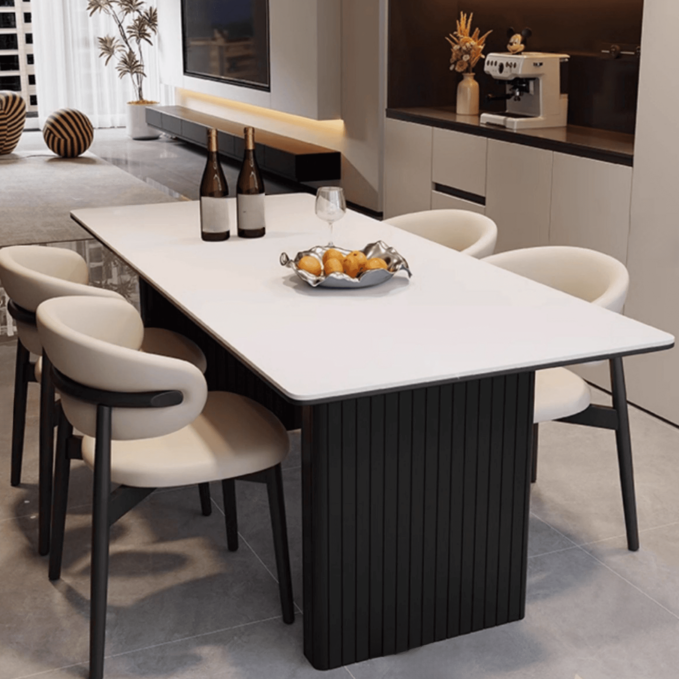 Dining Table Set with Rectangular Slate Stone Top and Two-sided Pedestal, Padded Chair with Back, 5-piece in White - image 4