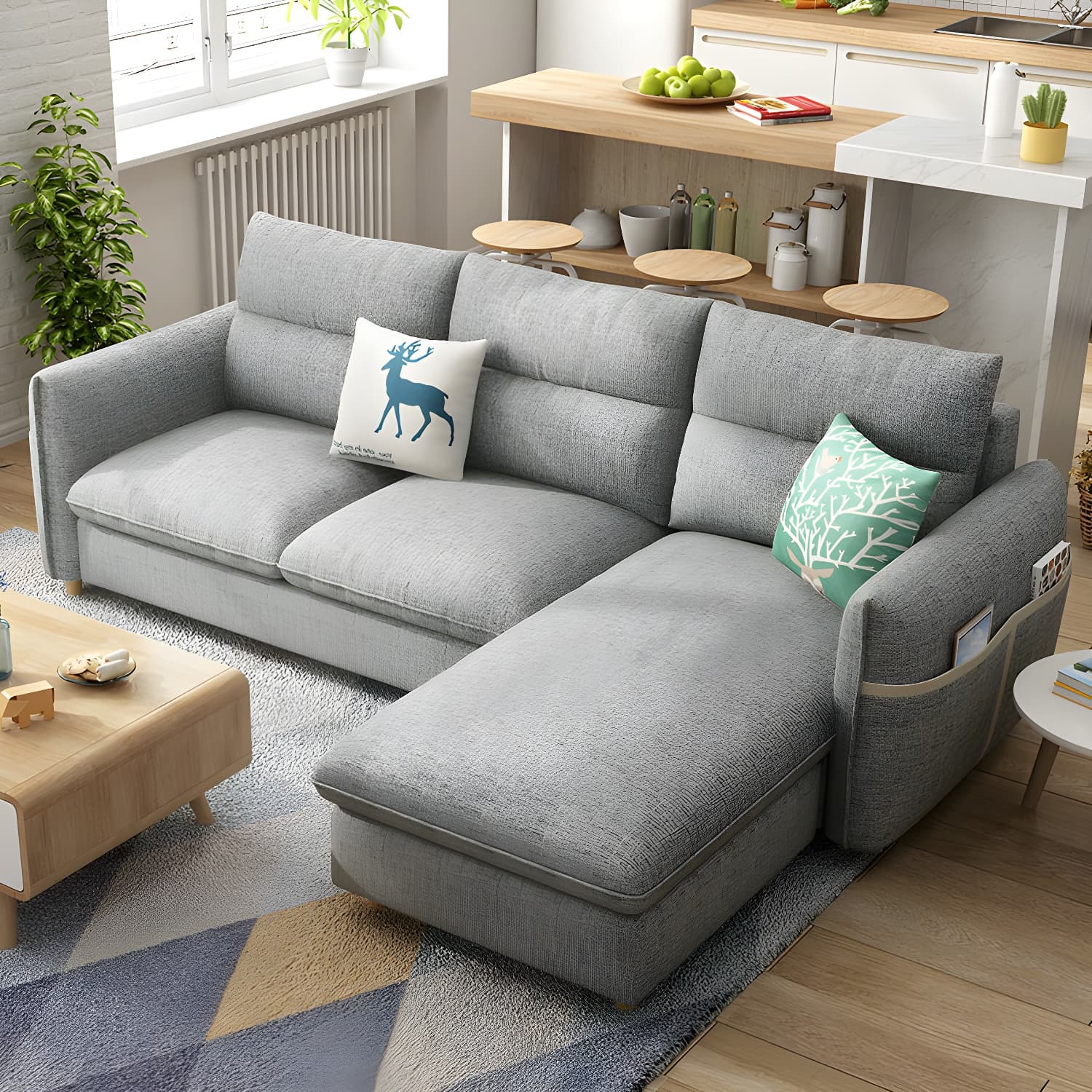 Scandinavian Modular L-Shape Sectional Sofa Chaise with Reversible Pine Wood Frame - image 9