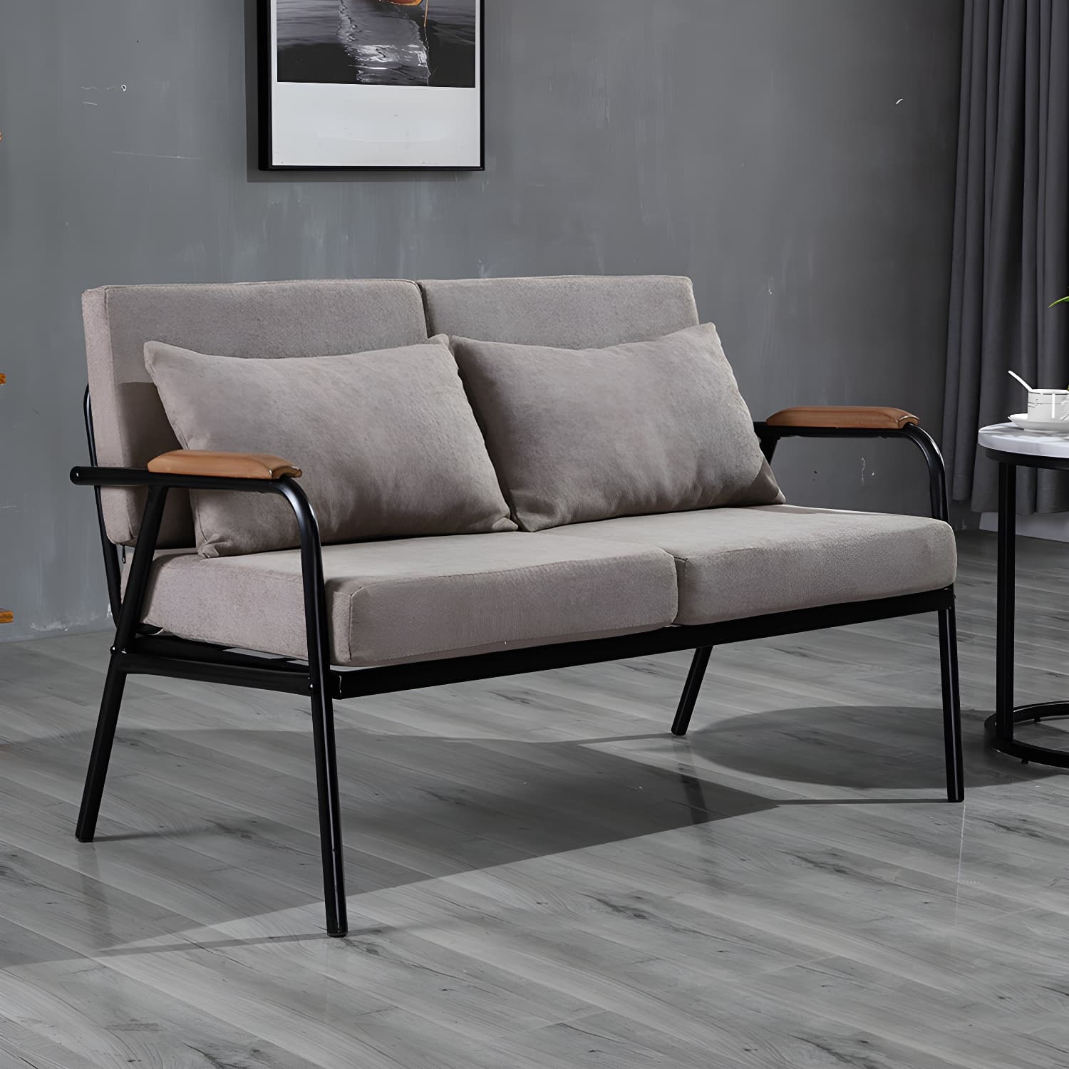 Black Industrial Linen Sofa with Bolster Pillows 29.53"High Square Arm Sofa - image 9