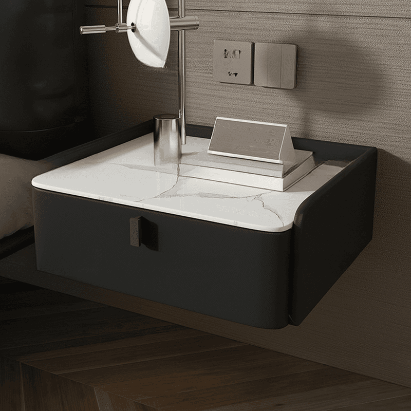 Organic Modern Bedside Cabinet Nightstand with 1 Drawer, Stone Countertop, and Hanging Shelf