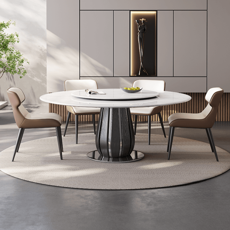 Circular-shaped Slate Stone Dining Table Set with Stump Base, Upholstered Back Chairs, Seats 6 People - image 3