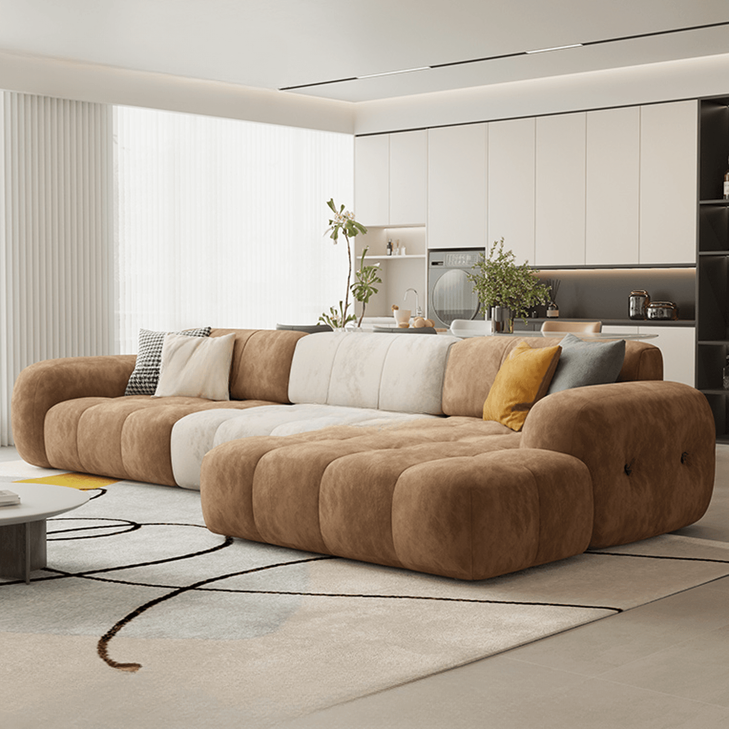 Channel Back L-Shape/Straight Right Hand Facing/Horizontal Sofa Recliner/Sofa Couch in Brown/Beige with Concealed Support & Pine Wood Frame for Living Room - image 11