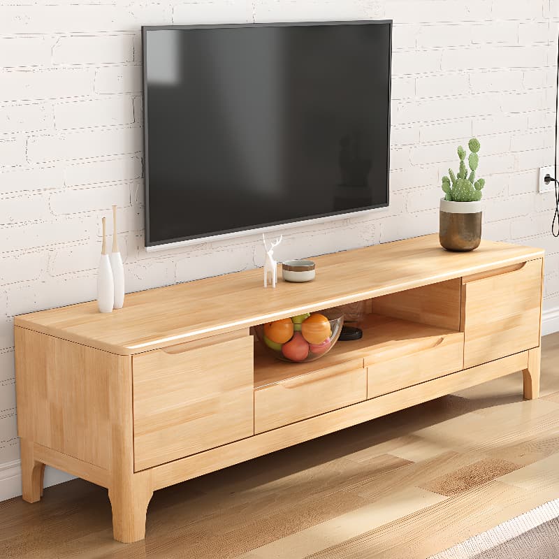 Art Deco Natural Wood TV Stand with 2 Drawers, 2 Cabinets, and Visible Storage - image 5