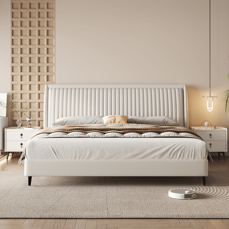 Solid Color Timber Frame Cabinet Bed/Platform Bed with Genuine Leather Headboard for Bedroom