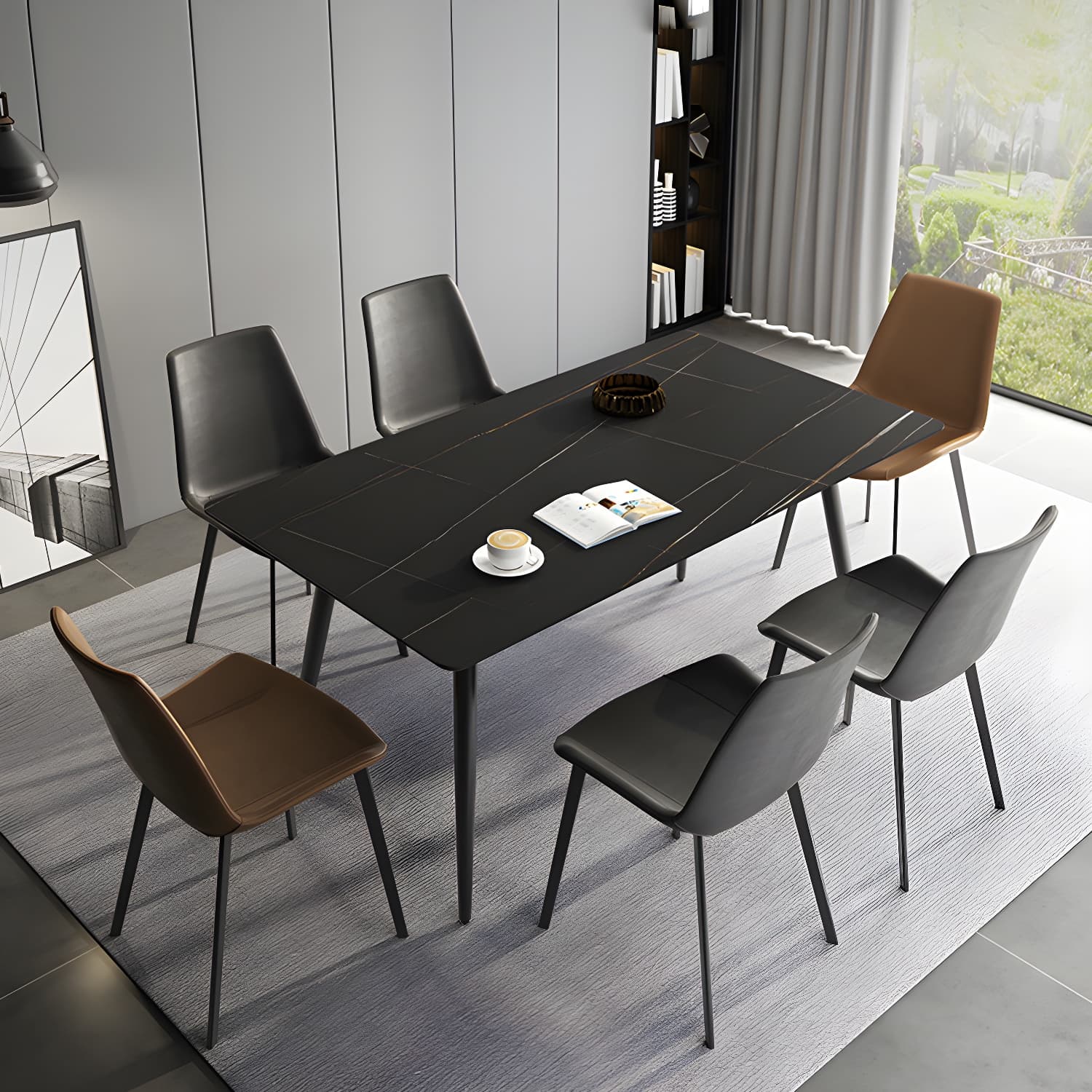 Stone Top Dining Table Rectangle Modern Dining Table with 4 Black Legs