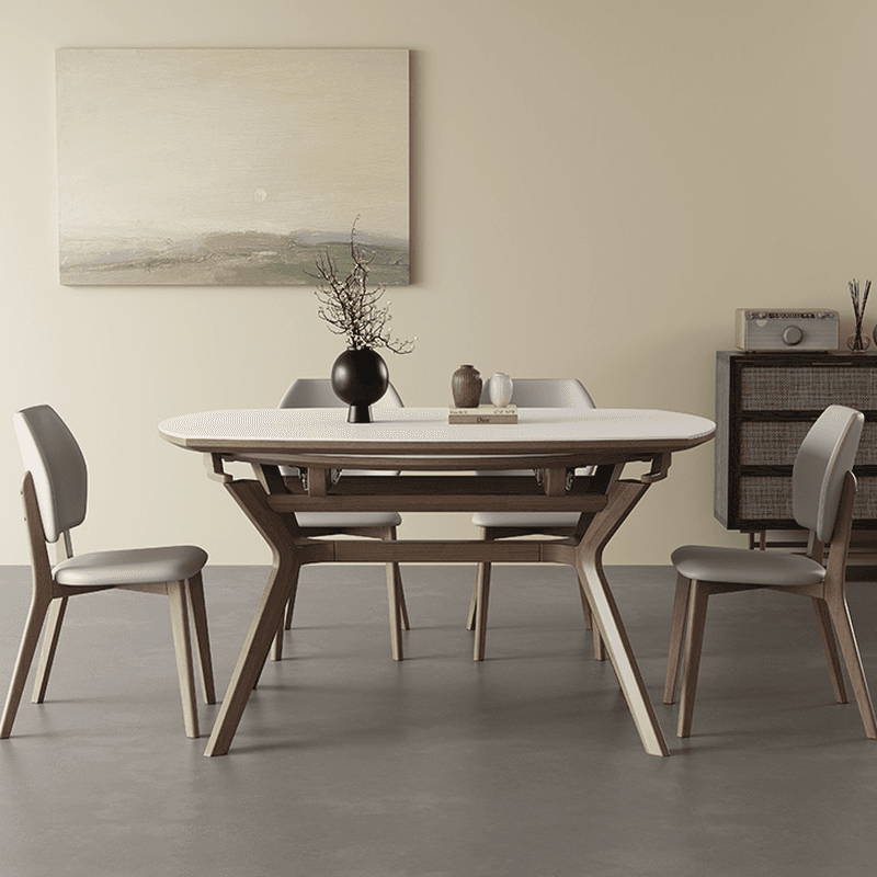 Minimalist Rounded Slate Dining Table Set with 4 Legs, Fold-away Leaf, and Light Gray/White Finish - image 5
