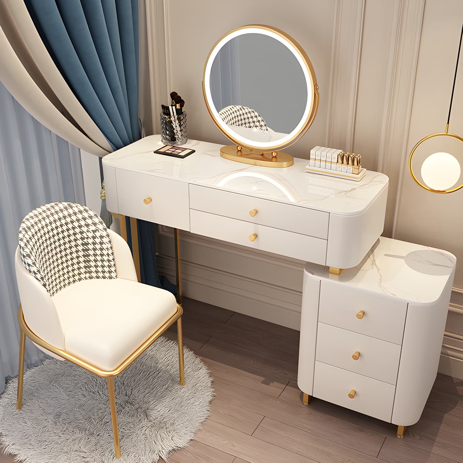 Solid Wood Makeup Vanity Desk Storage Dressing Table Stool Set with Drawer - image 5