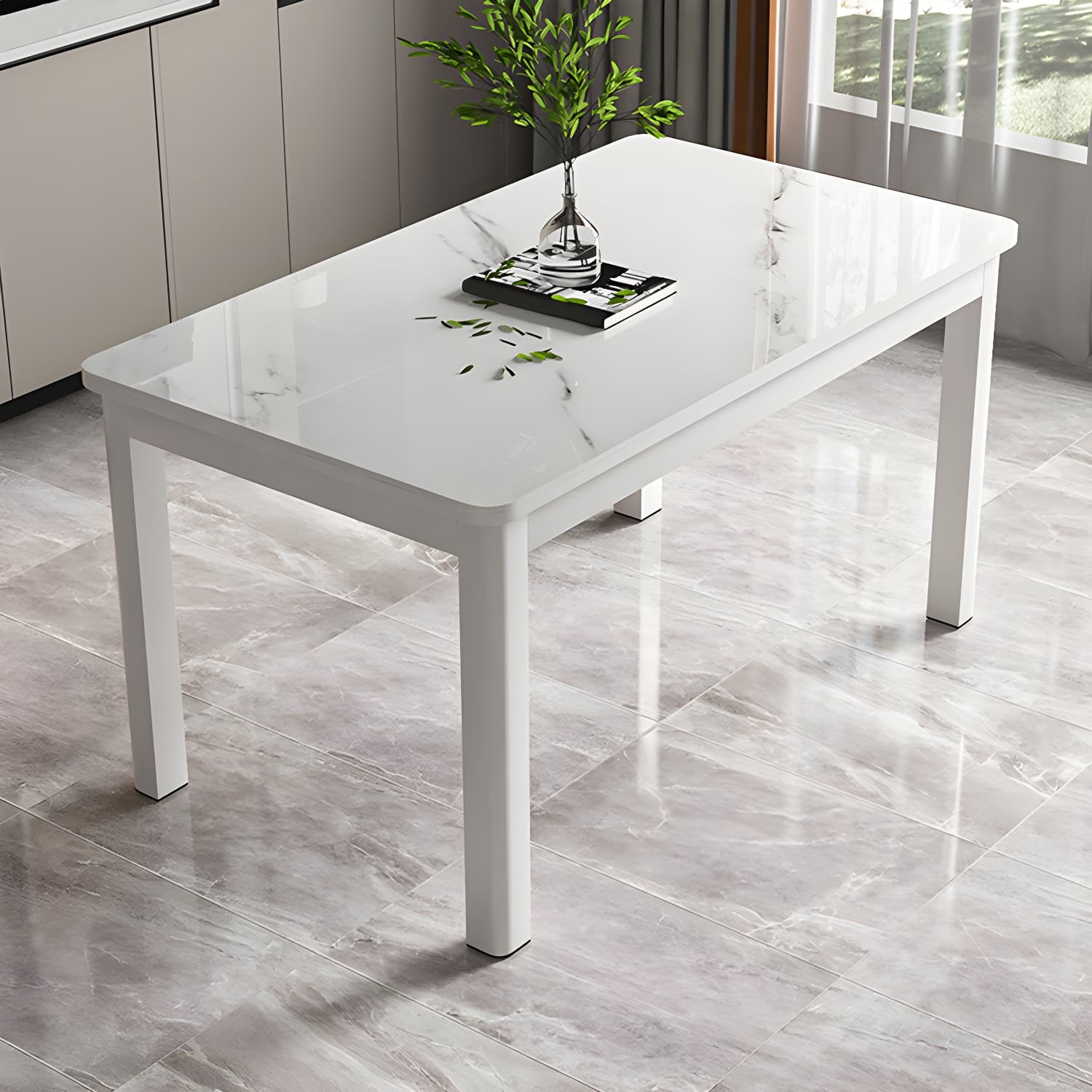 Modern Rectangular Glass Top Dining Table with White and Black 4 Foot