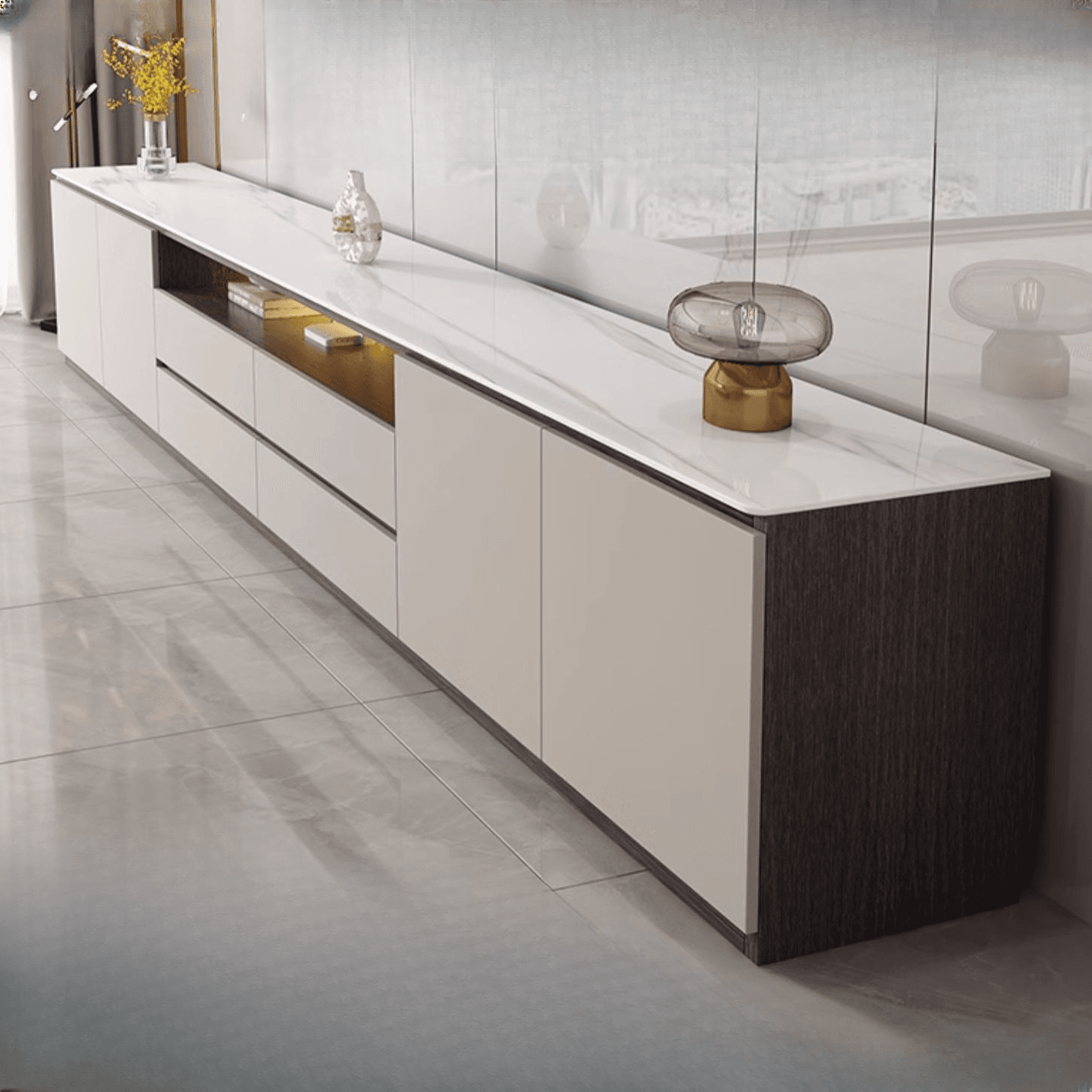Beige Stone TV Stand with 4-Drawer, 2 Cabinets/4-Cabinet, Cable Management, Visible Storage and Light - image 3