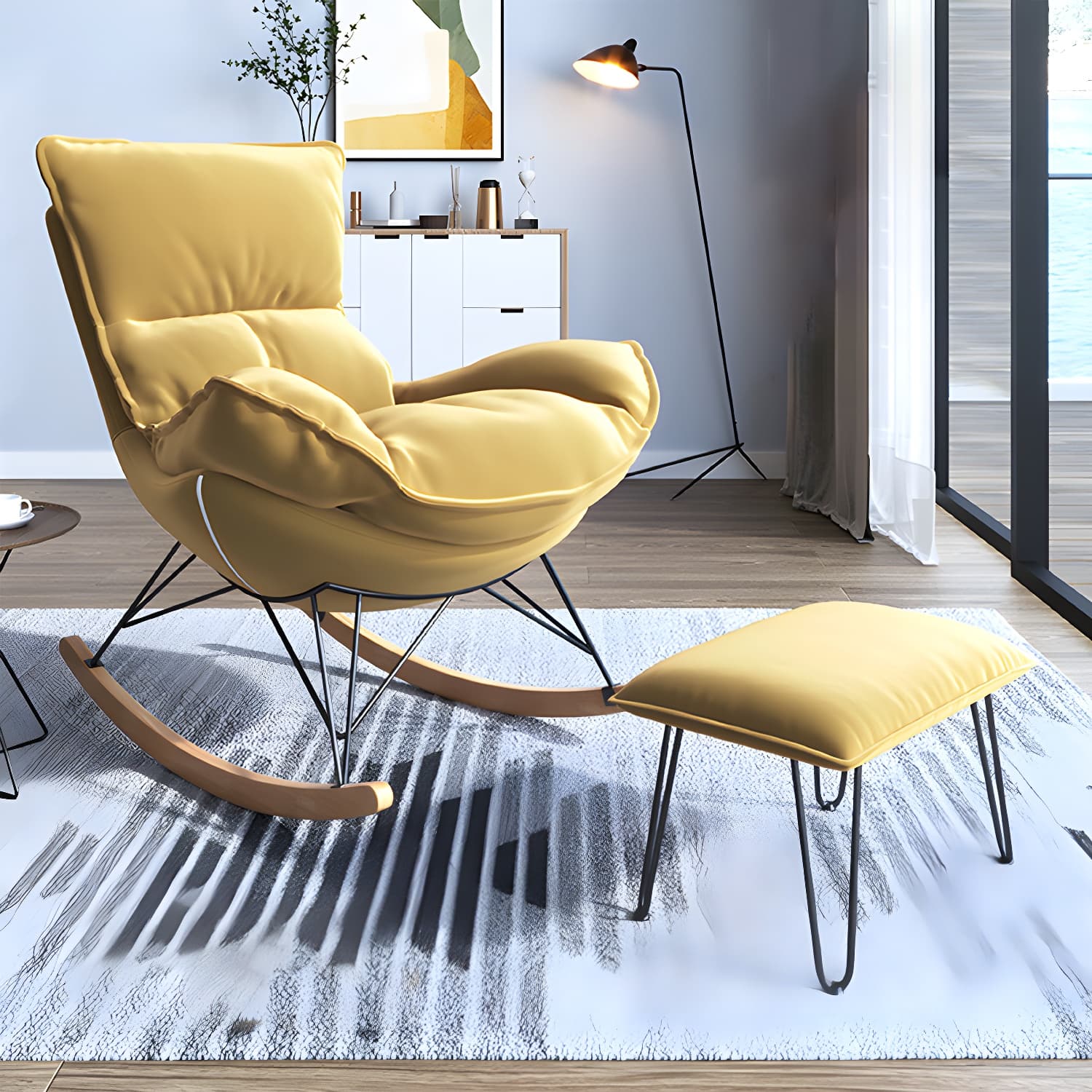 Contemporary Rocker Chair Antique Finish Rocking Chair with Ottoman - image 6
