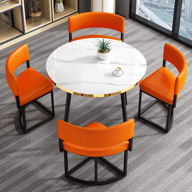 Art Deco Circular-shaped Upholstered Chair Metal & Faux Wood Dining Table Set with Upholstered Back in White, 5 Pieces - image 11