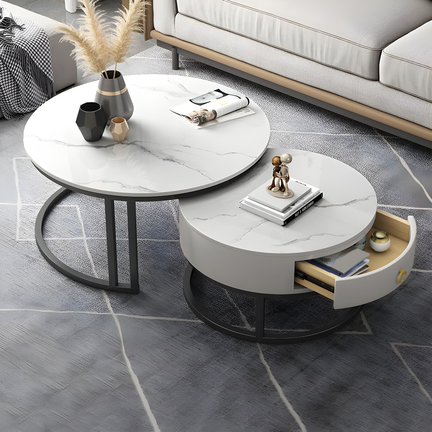 Contemporary Nesting Coffee Table Set Stone Frame Coffee Table Set - image 3