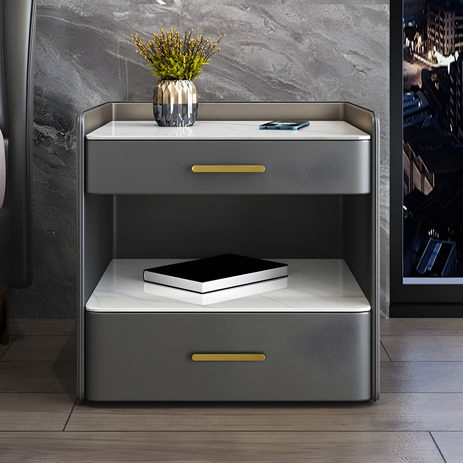 Stone Bed Nightstand Open Storage Bedside Cabinet with Drawers - image 3