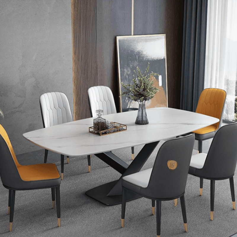 Dining Table Set in Minimalist Style with White Slate Top, Stump Base, Padded Chair with Back