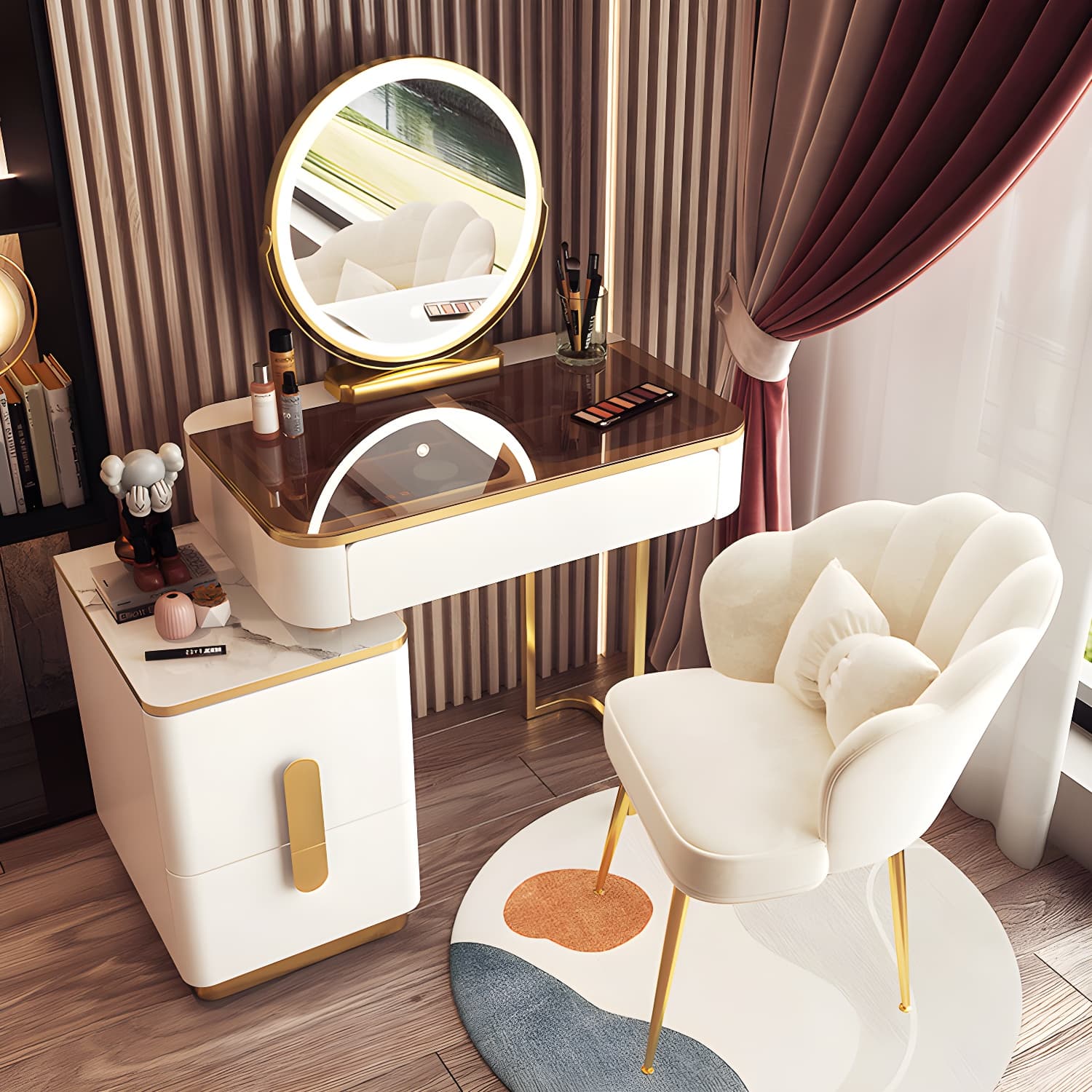 Glass Top Make-up Vanity Wood Dressing Table with Storage Drawers