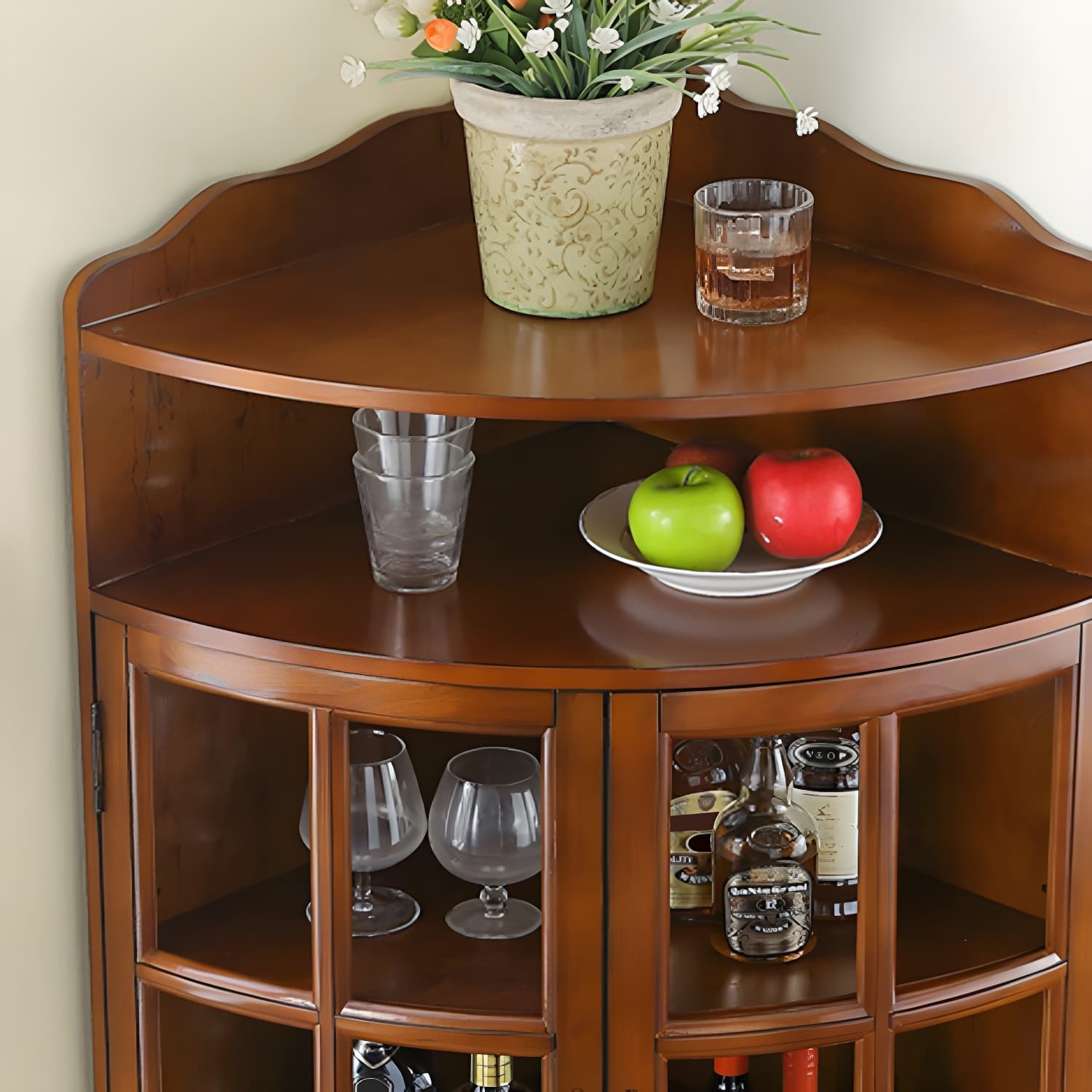 Mid-Century Modern Corner Accent Cabinet with Brown Wood Countertop, Glass Door & Cabinet Storage - image 7