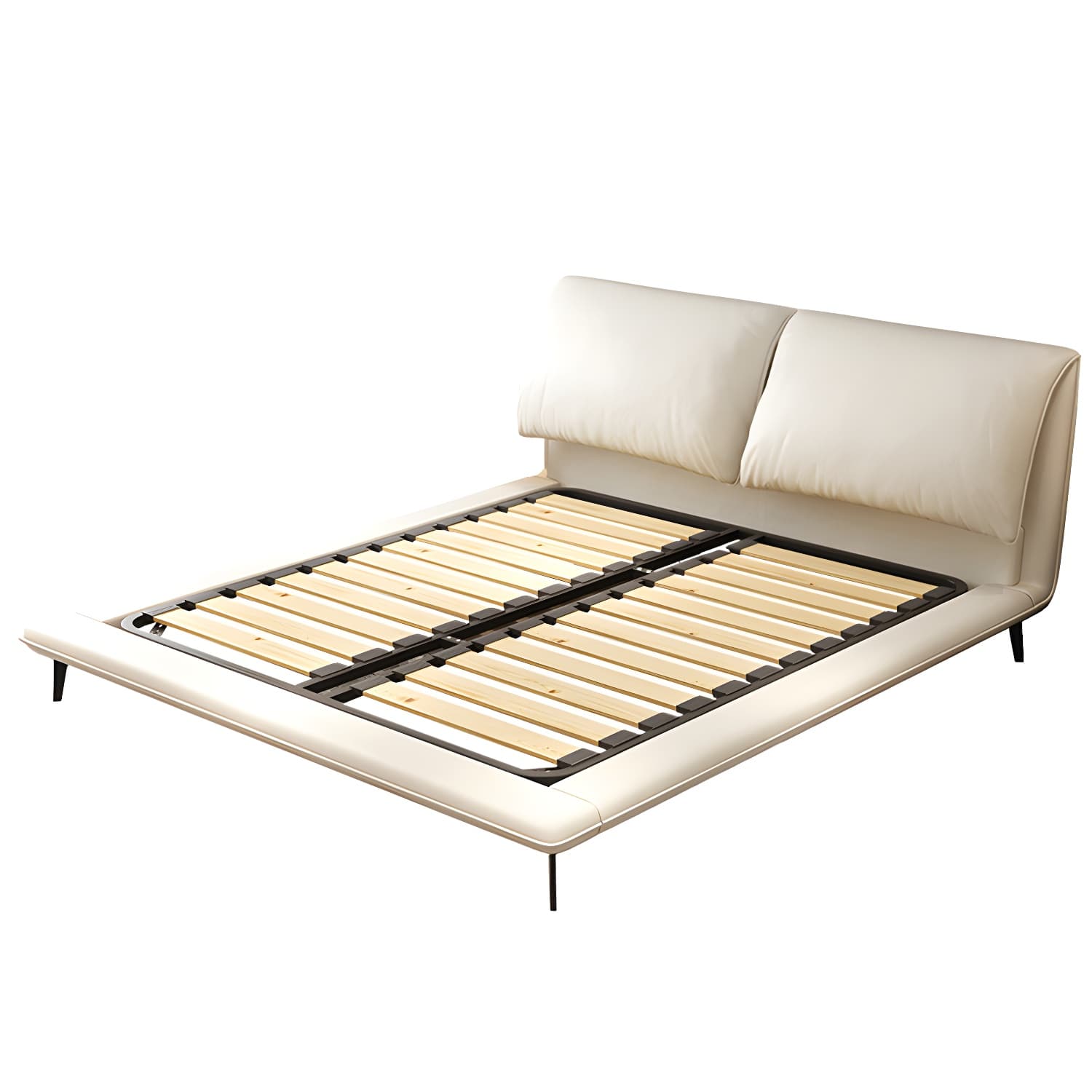 Modern Low Profile Panel Bed Genuine Leather Upholstered Bed Frame