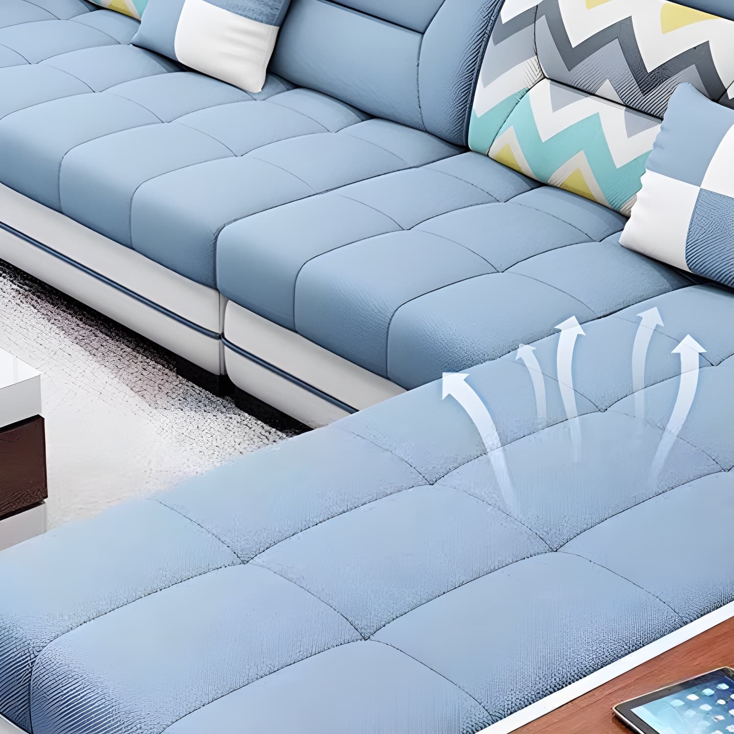 Scandinavian Blue Sectional Sofa with Wood Frame, Cushion Back, and Storage Included with Shelves - image 10