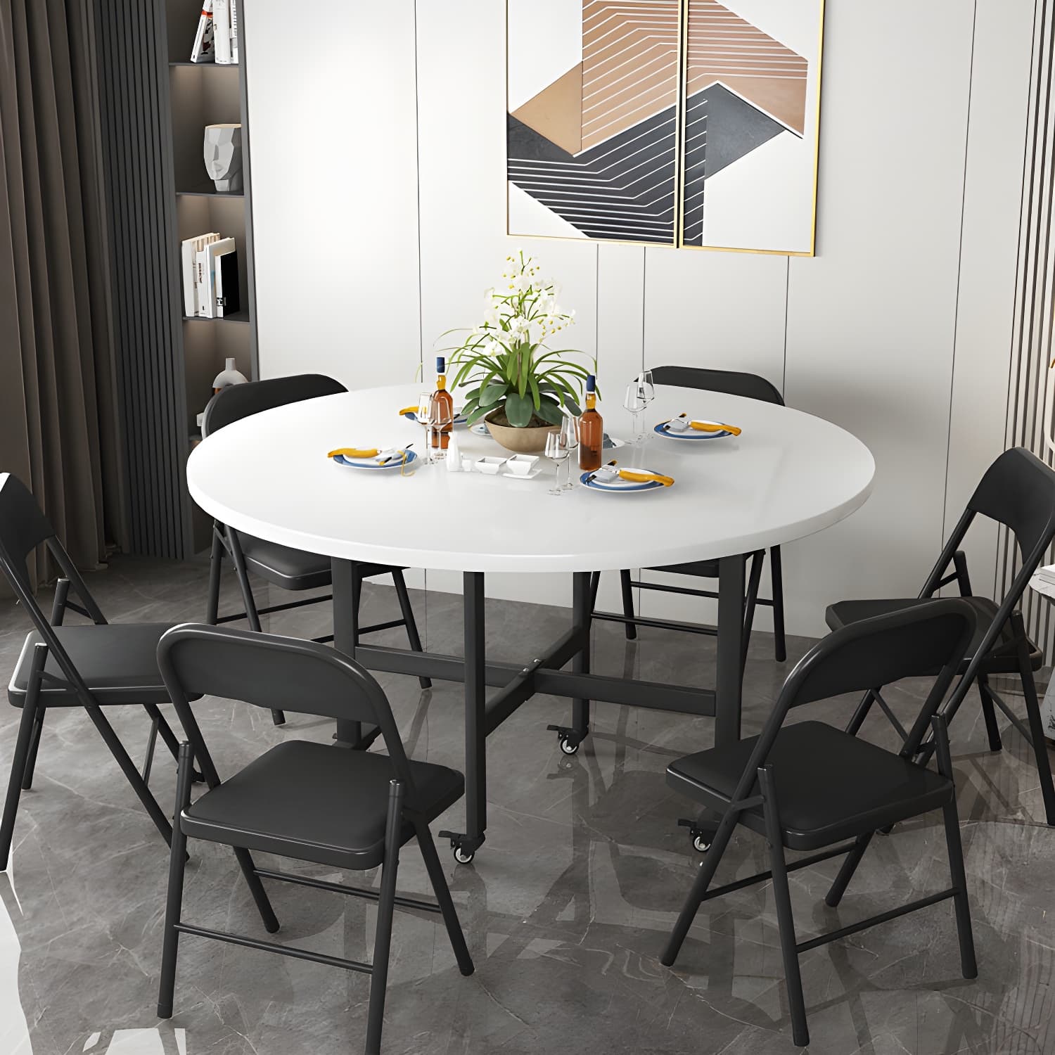Modern Foldable Dining Table Round Wood Tabletop with Metal Legs - image 14