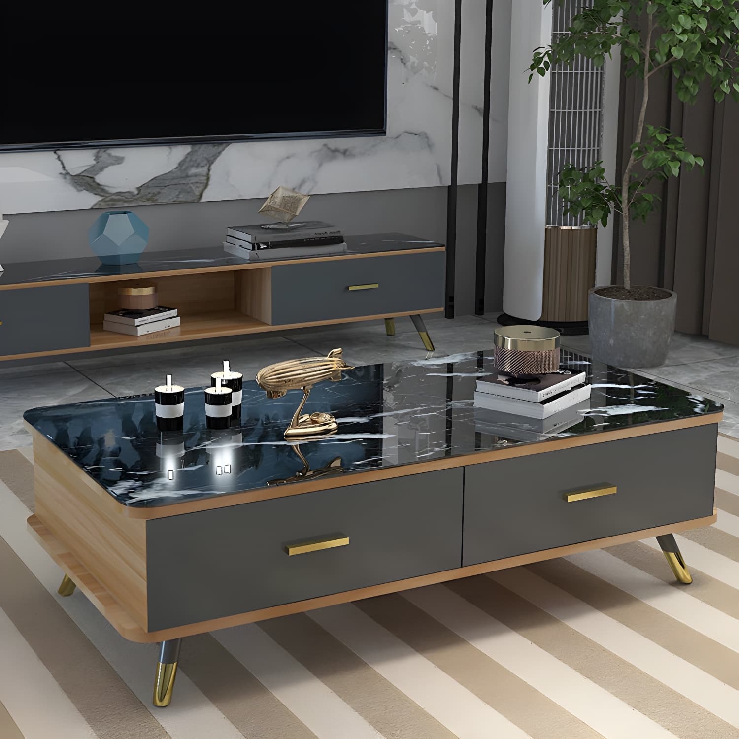 Glam Hollywood Regency Gold Metal Coffee Table with Storage Drawers - image 3