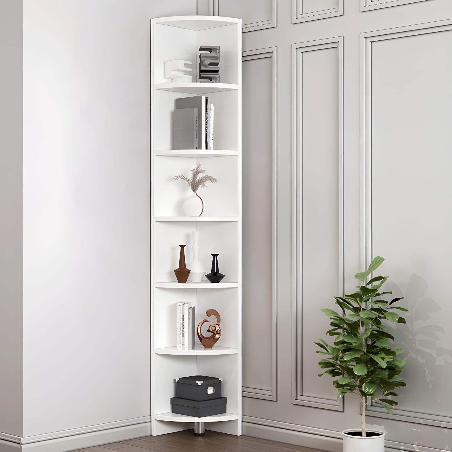 Corner Modern Accent Chest with Wood Counter Top and 6 Open Shelves without Drawers - image 4