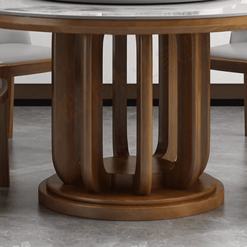 Circular Slate Dining Table Set with Stump Base, Upholstered Chairs, Back, and Chalk Color for 11 Pieces or More Set/7 Piece Set/5 Pieces