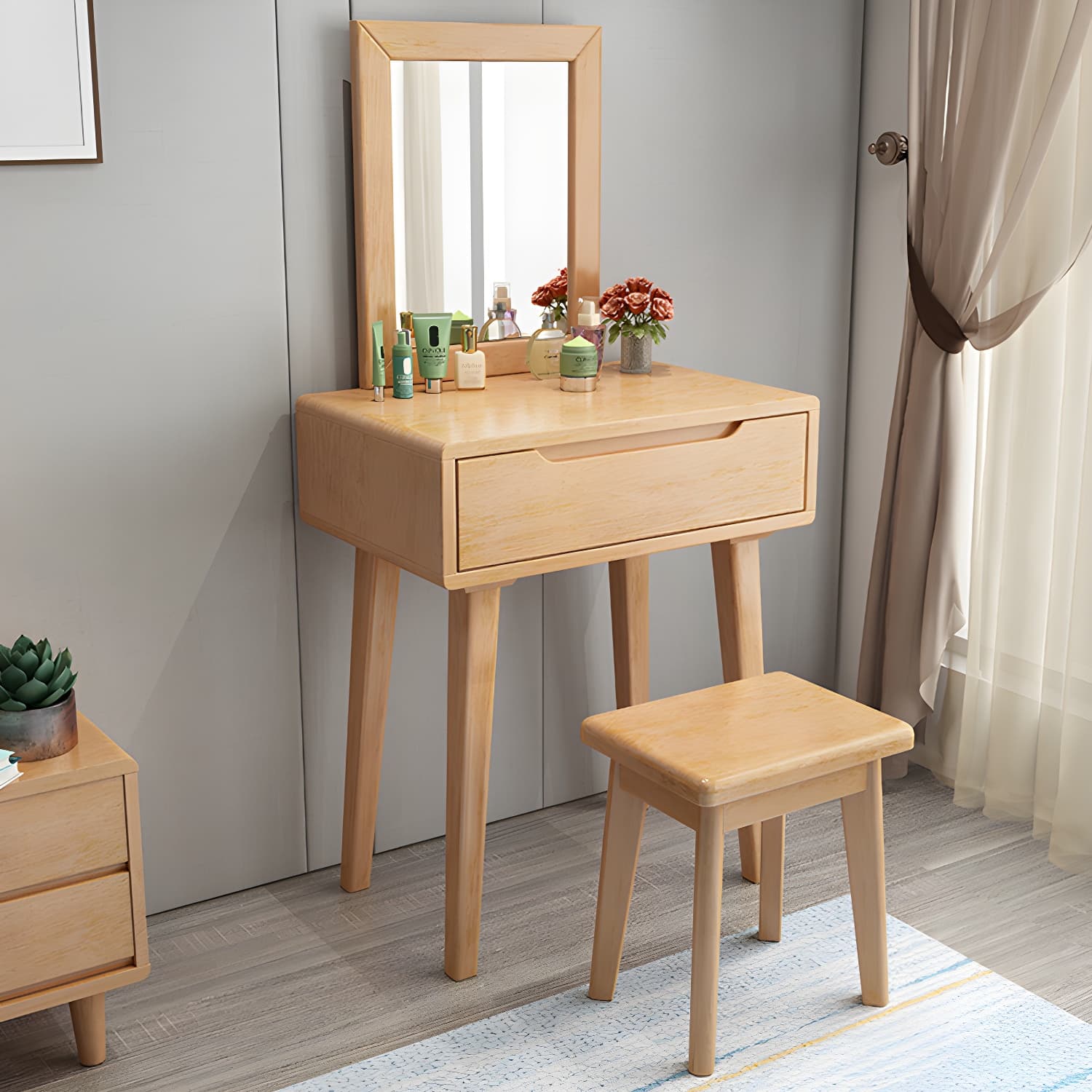 Contemporary Solid Wood Makeup Table Vanity Stool with Drawers